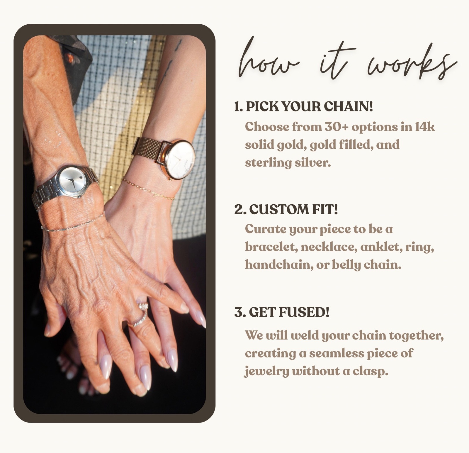 Two wrists crossed together, each wearing a wristwatch and a delicate permanent chain bracelet