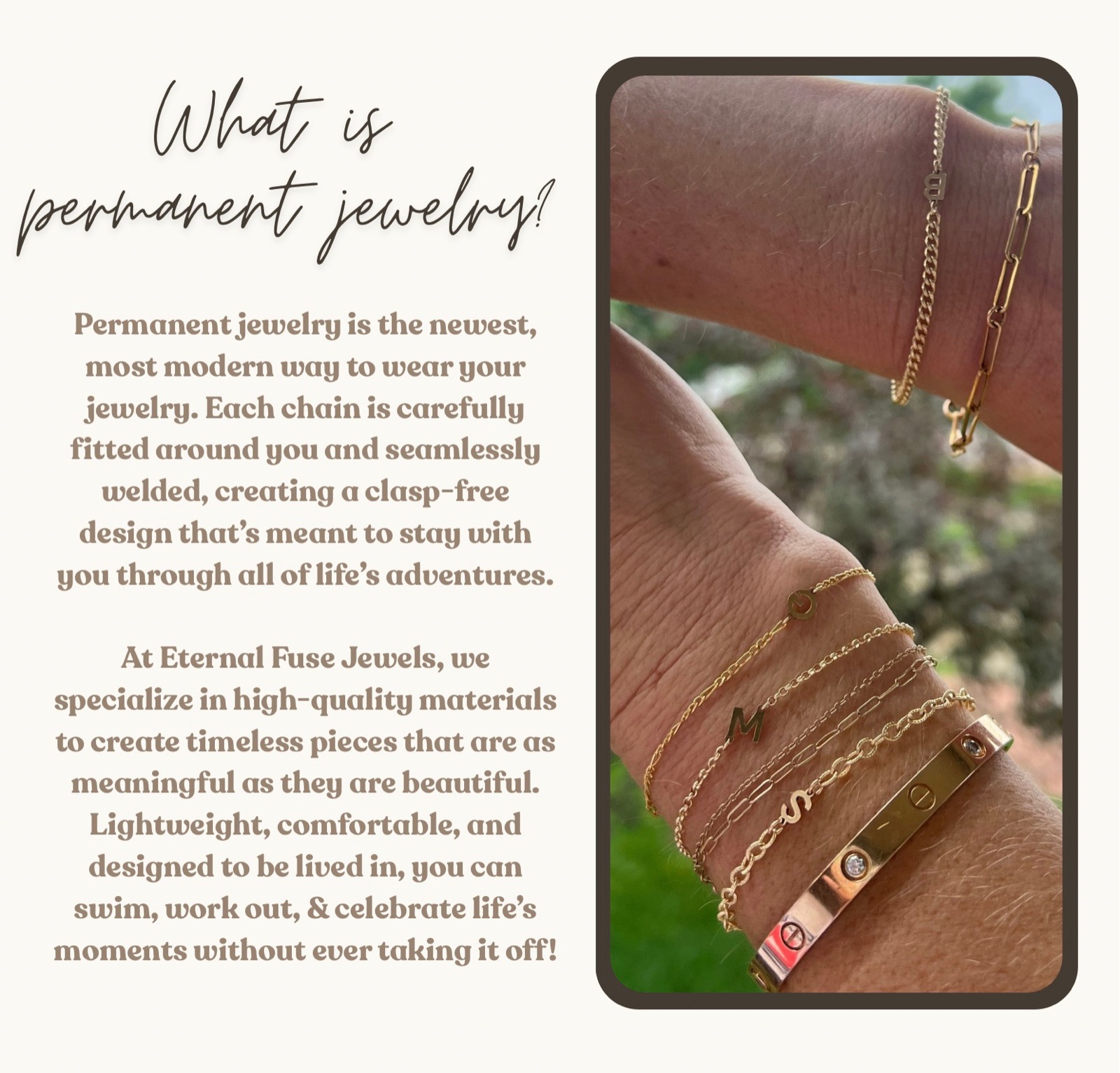 Wrist stacked with layered gold permanent bracelets, including initial charms and a diamond cuff, outdoors